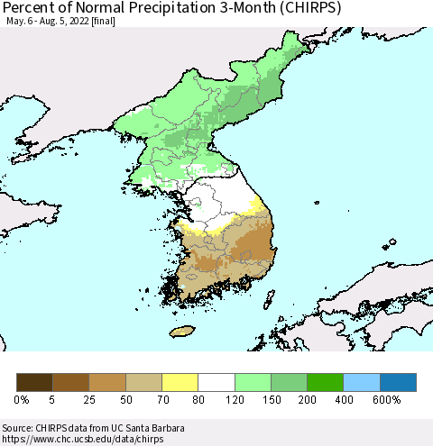 Korea Percent of Normal Precipitation 3-Month (CHIRPS) Thematic Map For 5/6/2022 - 8/5/2022