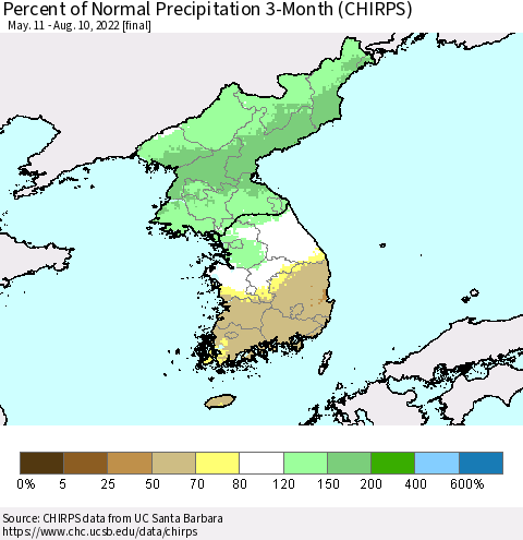 Korea Percent of Normal Precipitation 3-Month (CHIRPS) Thematic Map For 5/11/2022 - 8/10/2022