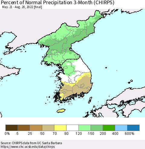 Korea Percent of Normal Precipitation 3-Month (CHIRPS) Thematic Map For 5/21/2022 - 8/20/2022