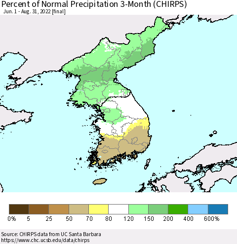 Korea Percent of Normal Precipitation 3-Month (CHIRPS) Thematic Map For 6/1/2022 - 8/31/2022