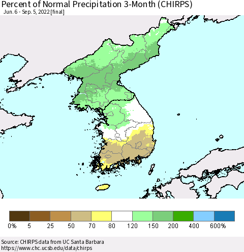 Korea Percent of Normal Precipitation 3-Month (CHIRPS) Thematic Map For 6/6/2022 - 9/5/2022