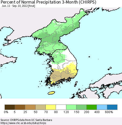 Korea Percent of Normal Precipitation 3-Month (CHIRPS) Thematic Map For 6/11/2022 - 9/10/2022