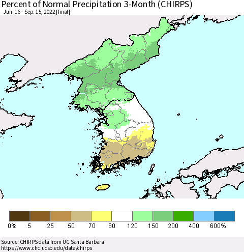 Korea Percent of Normal Precipitation 3-Month (CHIRPS) Thematic Map For 6/16/2022 - 9/15/2022