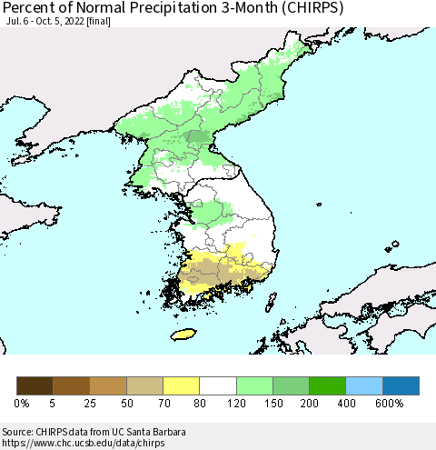 Korea Percent of Normal Precipitation 3-Month (CHIRPS) Thematic Map For 7/6/2022 - 10/5/2022