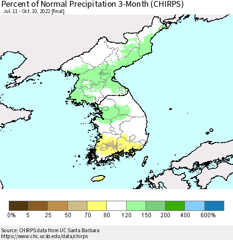 Korea Percent of Normal Precipitation 3-Month (CHIRPS) Thematic Map For 7/11/2022 - 10/10/2022