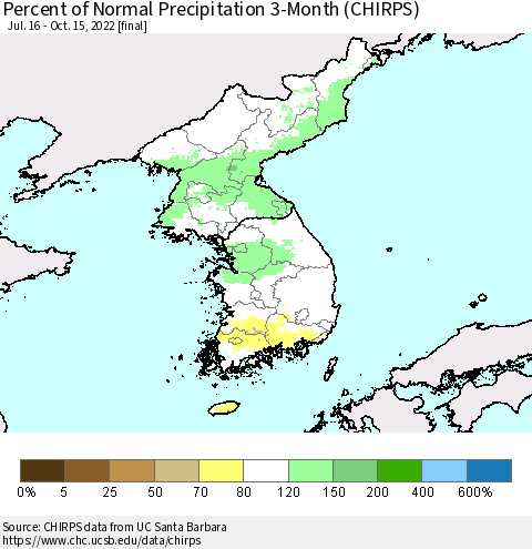 Korea Percent of Normal Precipitation 3-Month (CHIRPS) Thematic Map For 7/16/2022 - 10/15/2022