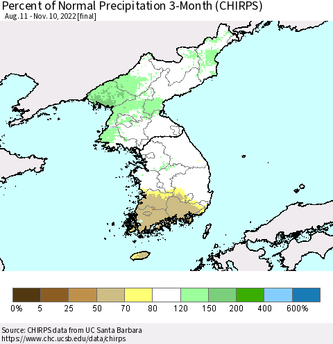 Korea Percent of Normal Precipitation 3-Month (CHIRPS) Thematic Map For 8/11/2022 - 11/10/2022