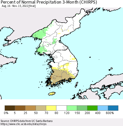 Korea Percent of Normal Precipitation 3-Month (CHIRPS) Thematic Map For 8/16/2022 - 11/15/2022