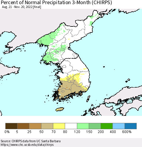 Korea Percent of Normal Precipitation 3-Month (CHIRPS) Thematic Map For 8/21/2022 - 11/20/2022