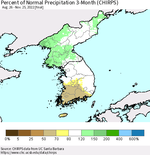 Korea Percent of Normal Precipitation 3-Month (CHIRPS) Thematic Map For 8/26/2022 - 11/25/2022