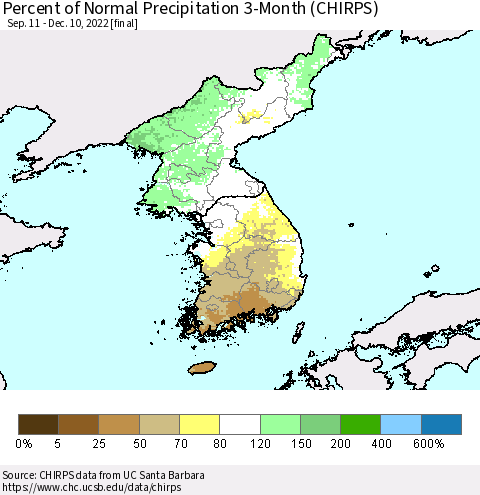 Korea Percent of Normal Precipitation 3-Month (CHIRPS) Thematic Map For 9/11/2022 - 12/10/2022