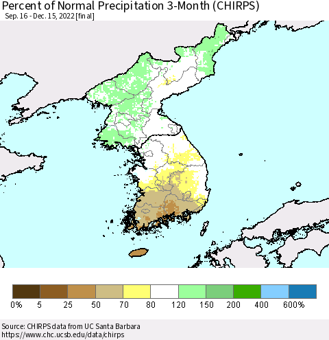 Korea Percent of Normal Precipitation 3-Month (CHIRPS) Thematic Map For 9/16/2022 - 12/15/2022