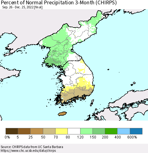Korea Percent of Normal Precipitation 3-Month (CHIRPS) Thematic Map For 9/26/2022 - 12/25/2022