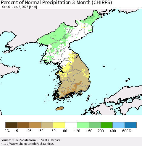 Korea Percent of Normal Precipitation 3-Month (CHIRPS) Thematic Map For 10/6/2022 - 1/5/2023