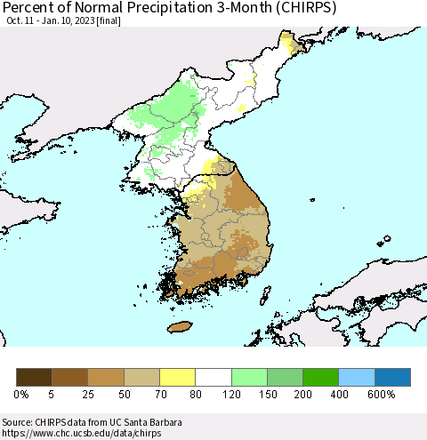 Korea Percent of Normal Precipitation 3-Month (CHIRPS) Thematic Map For 10/11/2022 - 1/10/2023