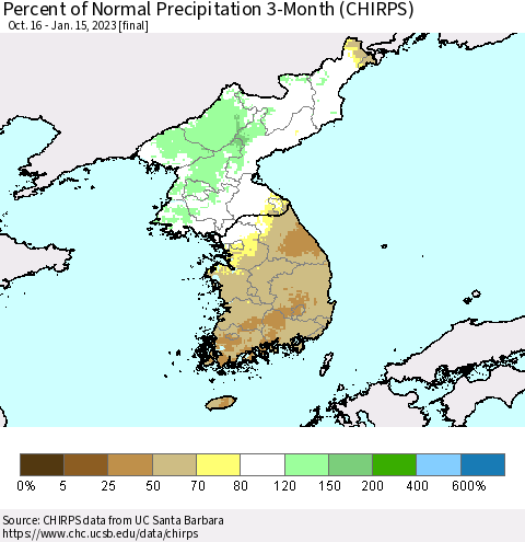 Korea Percent of Normal Precipitation 3-Month (CHIRPS) Thematic Map For 10/16/2022 - 1/15/2023