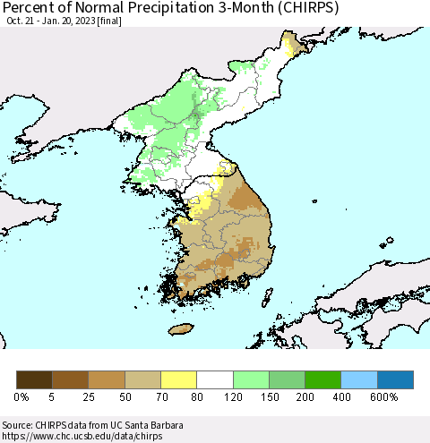Korea Percent of Normal Precipitation 3-Month (CHIRPS) Thematic Map For 10/21/2022 - 1/20/2023