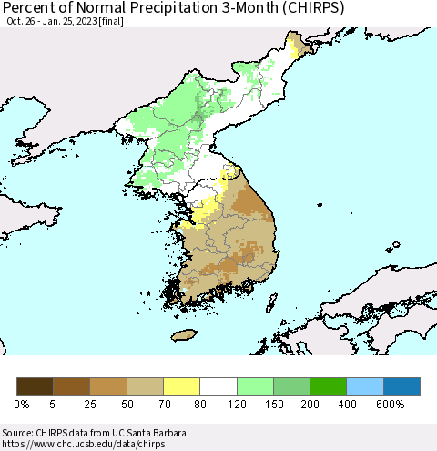 Korea Percent of Normal Precipitation 3-Month (CHIRPS) Thematic Map For 10/26/2022 - 1/25/2023
