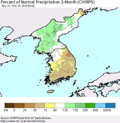 Korea Percent of Normal Precipitation 3-Month (CHIRPS) Thematic Map For 11/11/2022 - 2/10/2023