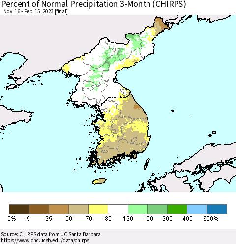 Korea Percent of Normal Precipitation 3-Month (CHIRPS) Thematic Map For 11/16/2022 - 2/15/2023