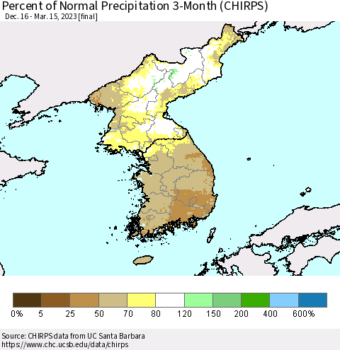 Korea Percent of Normal Precipitation 3-Month (CHIRPS) Thematic Map For 12/16/2022 - 3/15/2023