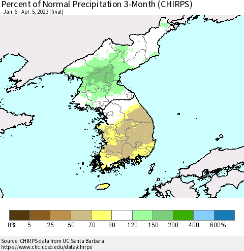 Korea Percent of Normal Precipitation 3-Month (CHIRPS) Thematic Map For 1/6/2023 - 4/5/2023