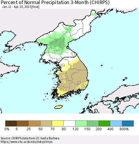 Korea Percent of Normal Precipitation 3-Month (CHIRPS) Thematic Map For 1/11/2023 - 4/10/2023