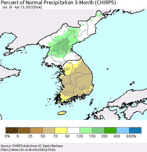 Korea Percent of Normal Precipitation 3-Month (CHIRPS) Thematic Map For 1/16/2023 - 4/15/2023