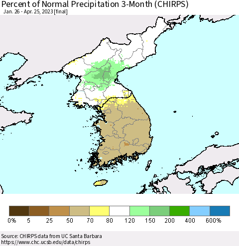 Korea Percent of Normal Precipitation 3-Month (CHIRPS) Thematic Map For 1/26/2023 - 4/25/2023