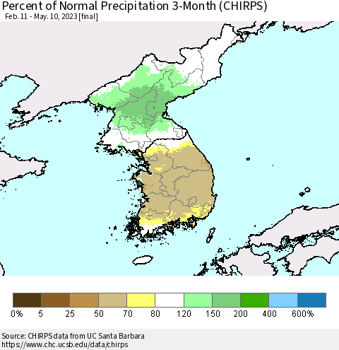 Korea Percent of Normal Precipitation 3-Month (CHIRPS) Thematic Map For 2/11/2023 - 5/10/2023