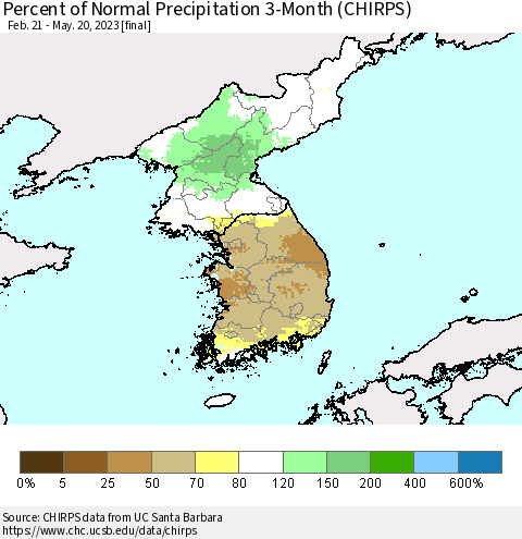 Korea Percent of Normal Precipitation 3-Month (CHIRPS) Thematic Map For 2/21/2023 - 5/20/2023