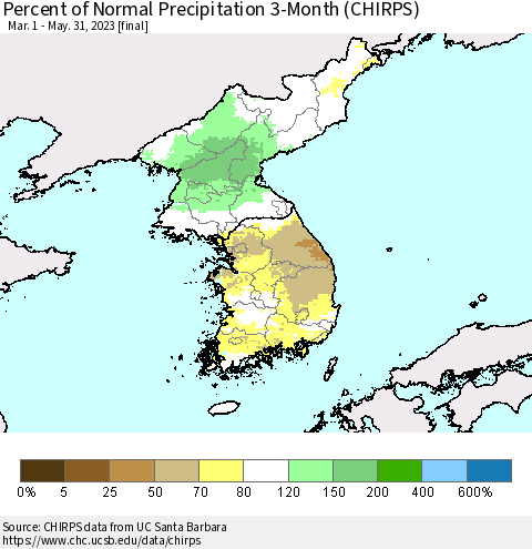 Korea Percent of Normal Precipitation 3-Month (CHIRPS) Thematic Map For 3/1/2023 - 5/31/2023