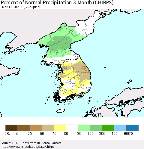 Korea Percent of Normal Precipitation 3-Month (CHIRPS) Thematic Map For 3/11/2023 - 6/10/2023