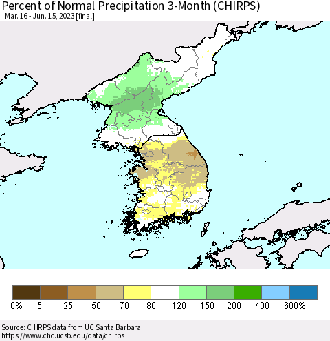Korea Percent of Normal Precipitation 3-Month (CHIRPS) Thematic Map For 3/16/2023 - 6/15/2023