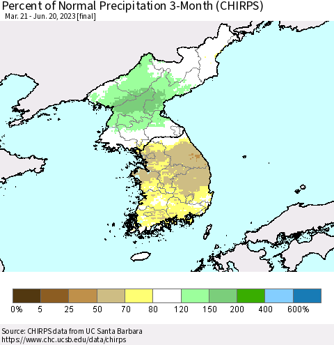 Korea Percent of Normal Precipitation 3-Month (CHIRPS) Thematic Map For 3/21/2023 - 6/20/2023