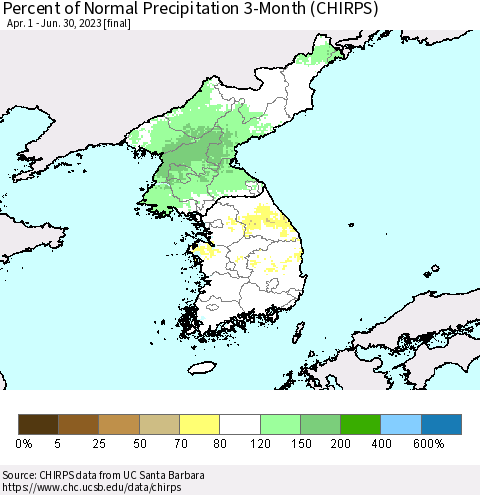 Korea Percent of Normal Precipitation 3-Month (CHIRPS) Thematic Map For 4/1/2023 - 6/30/2023