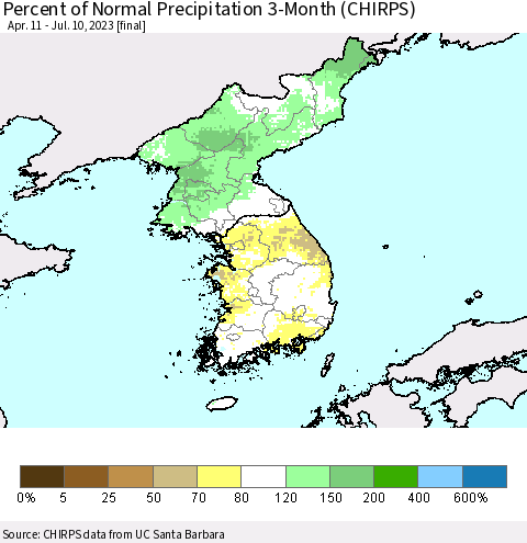 Korea Percent of Normal Precipitation 3-Month (CHIRPS) Thematic Map For 4/11/2023 - 7/10/2023