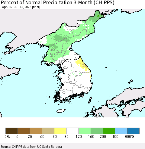 Korea Percent of Normal Precipitation 3-Month (CHIRPS) Thematic Map For 4/16/2023 - 7/15/2023
