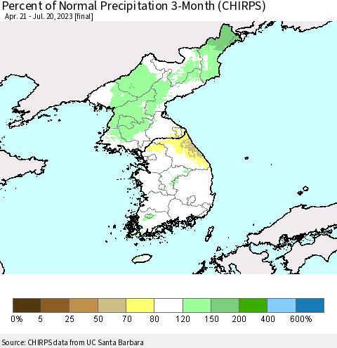 Korea Percent of Normal Precipitation 3-Month (CHIRPS) Thematic Map For 4/21/2023 - 7/20/2023