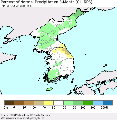 Korea Percent of Normal Precipitation 3-Month (CHIRPS) Thematic Map For 4/26/2023 - 7/25/2023