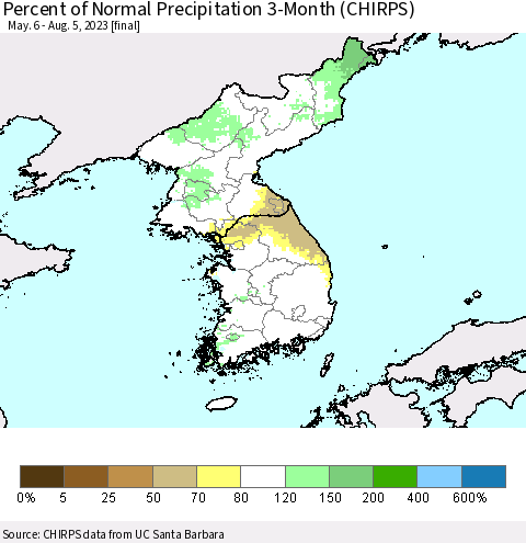 Korea Percent of Normal Precipitation 3-Month (CHIRPS) Thematic Map For 5/6/2023 - 8/5/2023