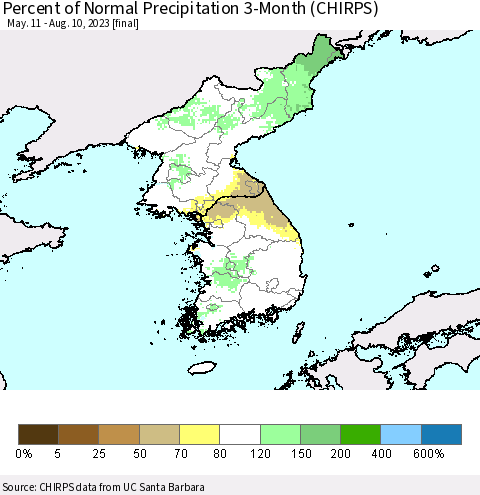 Korea Percent of Normal Precipitation 3-Month (CHIRPS) Thematic Map For 5/11/2023 - 8/10/2023