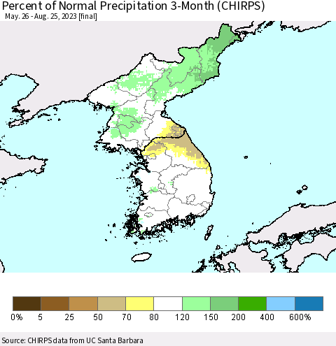 Korea Percent of Normal Precipitation 3-Month (CHIRPS) Thematic Map For 5/26/2023 - 8/25/2023