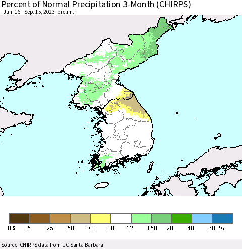 Korea Percent of Normal Precipitation 3-Month (CHIRPS) Thematic Map For 6/16/2023 - 9/15/2023