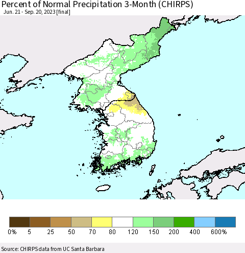 Korea Percent of Normal Precipitation 3-Month (CHIRPS) Thematic Map For 6/21/2023 - 9/20/2023