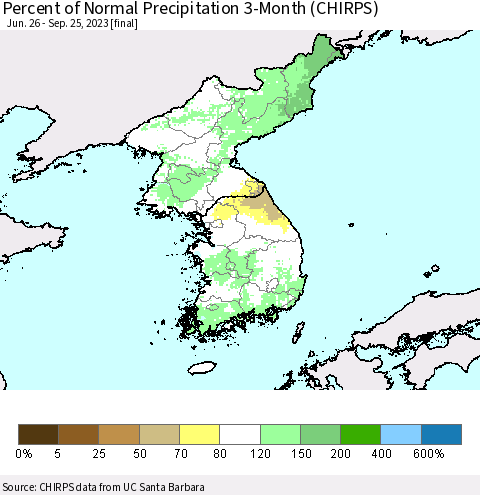 Korea Percent of Normal Precipitation 3-Month (CHIRPS) Thematic Map For 6/26/2023 - 9/25/2023