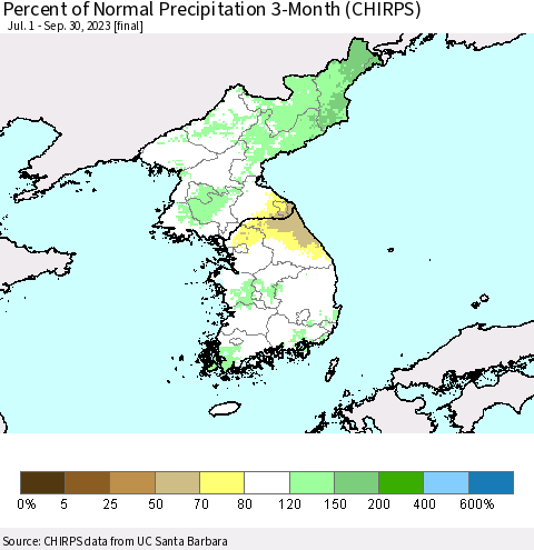 Korea Percent of Normal Precipitation 3-Month (CHIRPS) Thematic Map For 7/1/2023 - 9/30/2023