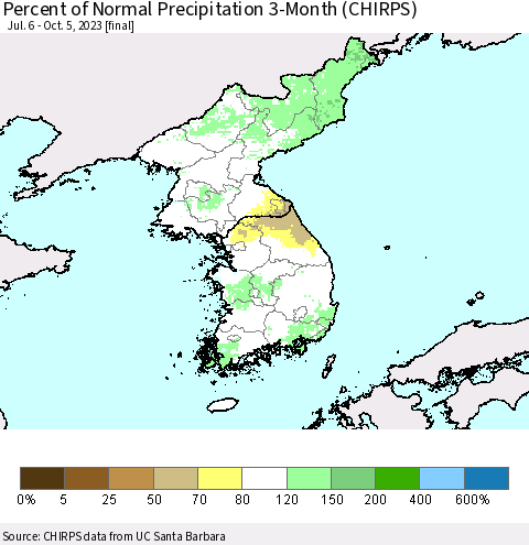 Korea Percent of Normal Precipitation 3-Month (CHIRPS) Thematic Map For 7/6/2023 - 10/5/2023
