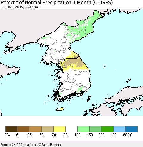 Korea Percent of Normal Precipitation 3-Month (CHIRPS) Thematic Map For 7/16/2023 - 10/15/2023