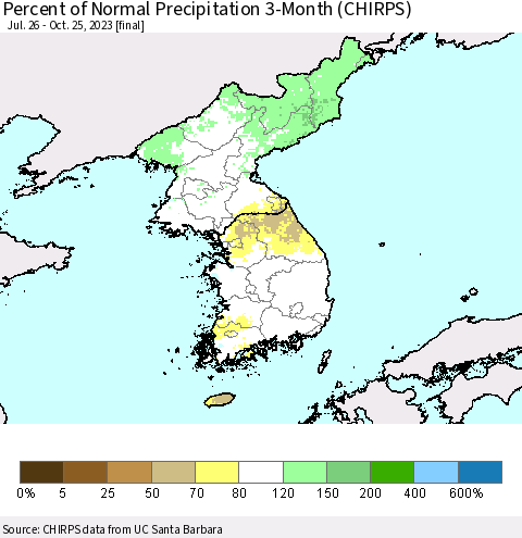 Korea Percent of Normal Precipitation 3-Month (CHIRPS) Thematic Map For 7/26/2023 - 10/25/2023